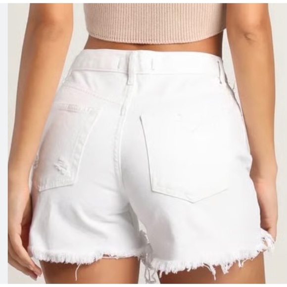 Free People Optic White Maggie Mid-Rise Button Front Fly Distressed Jean Shorts - Picture 4 of 14